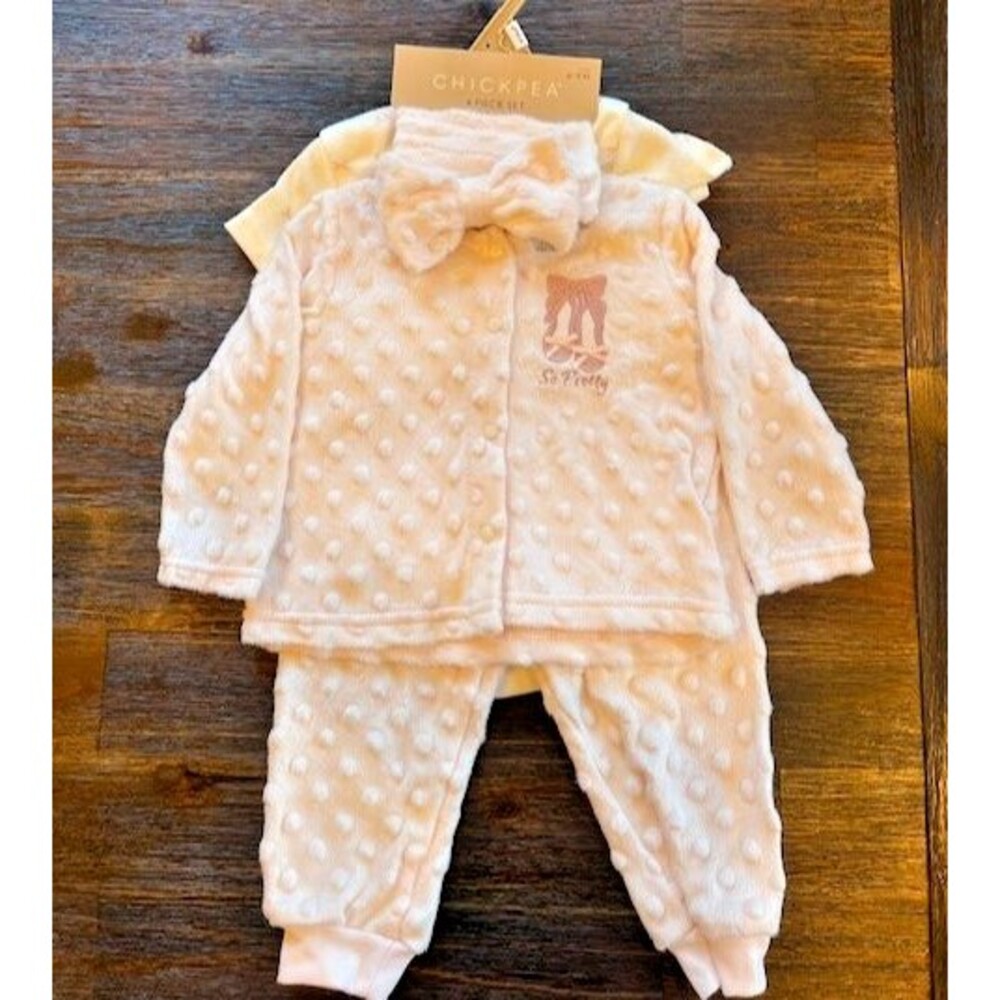 Baby Girl Pink 4 Piece Outfit by Chickpea Pants, Jacket, Bodysuit and Bow NEW!
